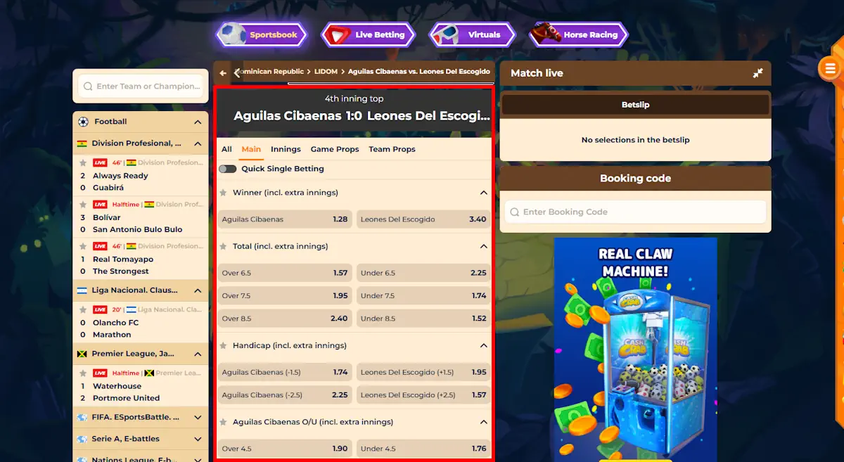 Wazamba Baseball Game Market betting Screenshot